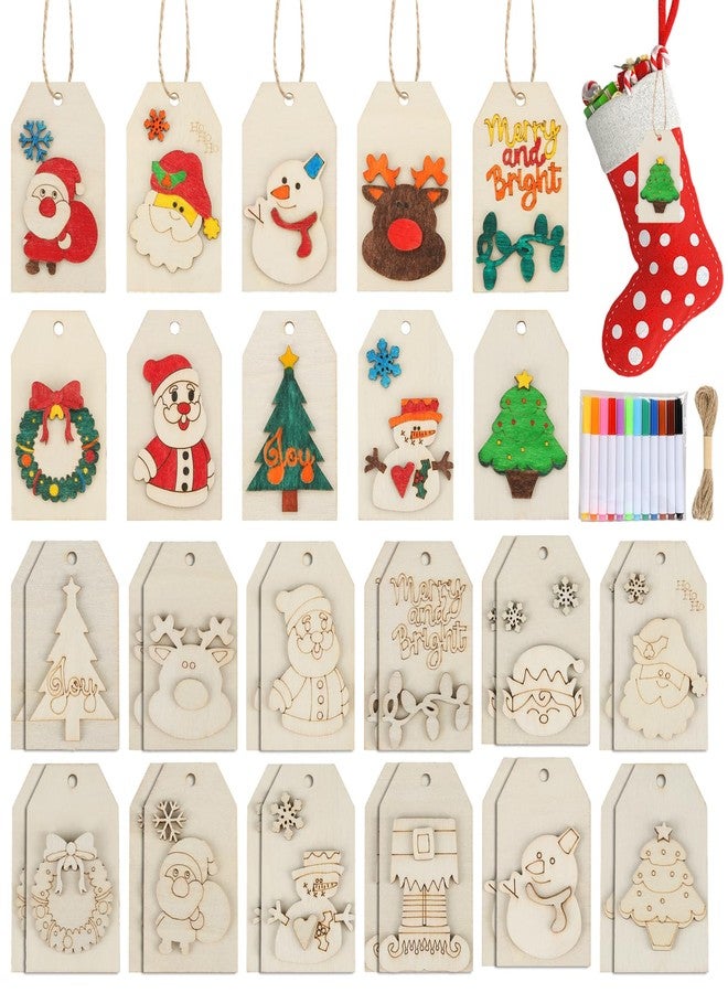 Bingcute DIY Wooden Christmas Gift Tags, 24 Pcs Wooden Art Craft Supplies Painting Kit for Kids Christmas Crafts Activities Party Favors for Boys Girls Ages 4-8 8-12 Stocking Stuffers Xmas Ornaments Decor - Image 1